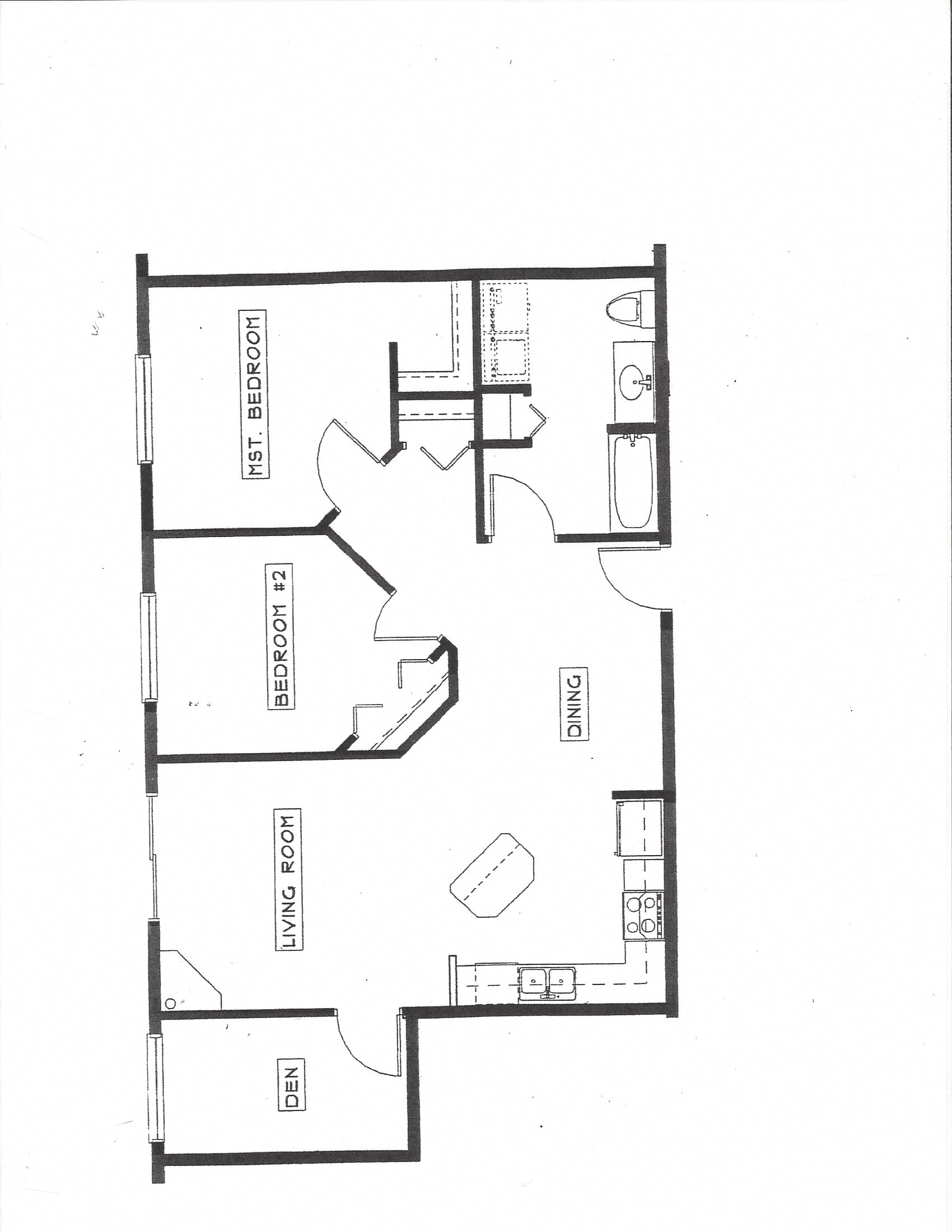 Floor plan for 2 beds, 1 bath, 990 sqft